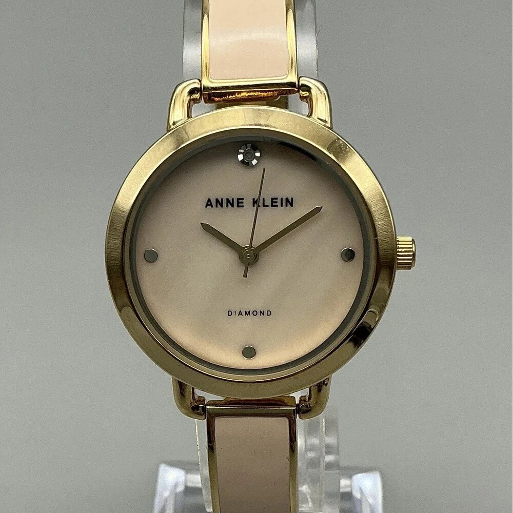 Anne Klein Womens Watch 30mm MOP Dial Gold Tone Beige Inlay New Battery 7